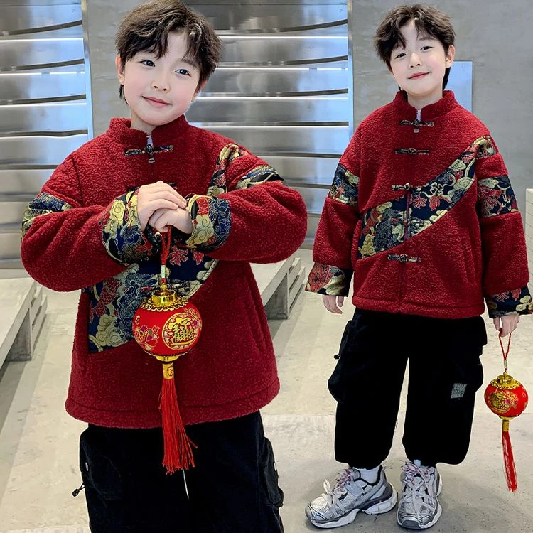 男童拜年服儿童汉服国风加绒外套2025蛇年本命年男孩喜庆过年棉服
