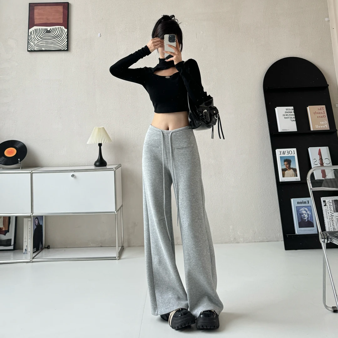 语宸秋冬新款微喇宽松中腰百搭卫裤垂感休闲纯色简约运动阔腿裤