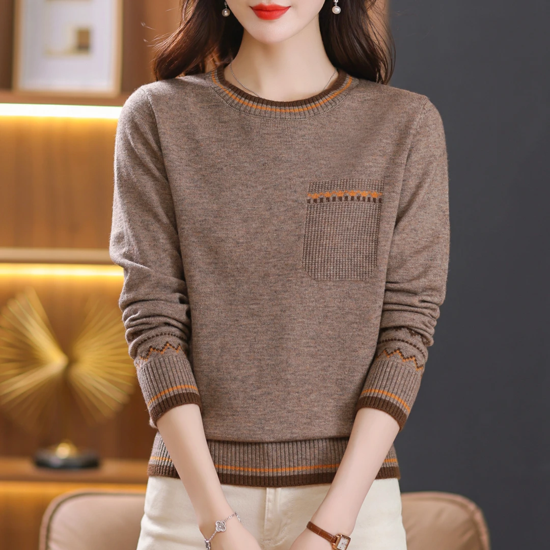 【羊毛衫】春秋季新款套头圆领针织衫宽松洋气显瘦百搭妈妈装打底衫