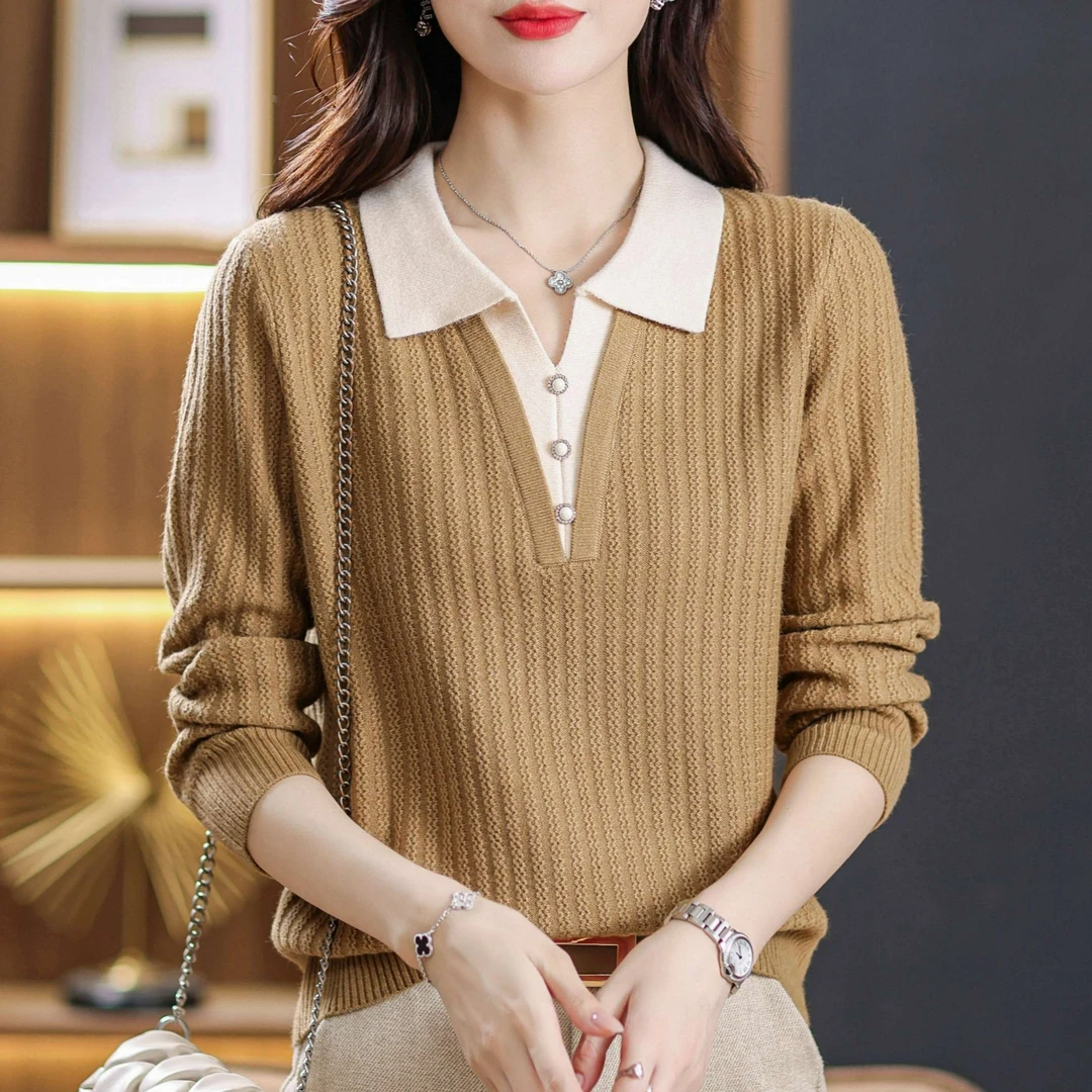 【羊毛衫】秋季新款假两件套头针织衫翻领宽松显瘦百搭中年妈妈上衣