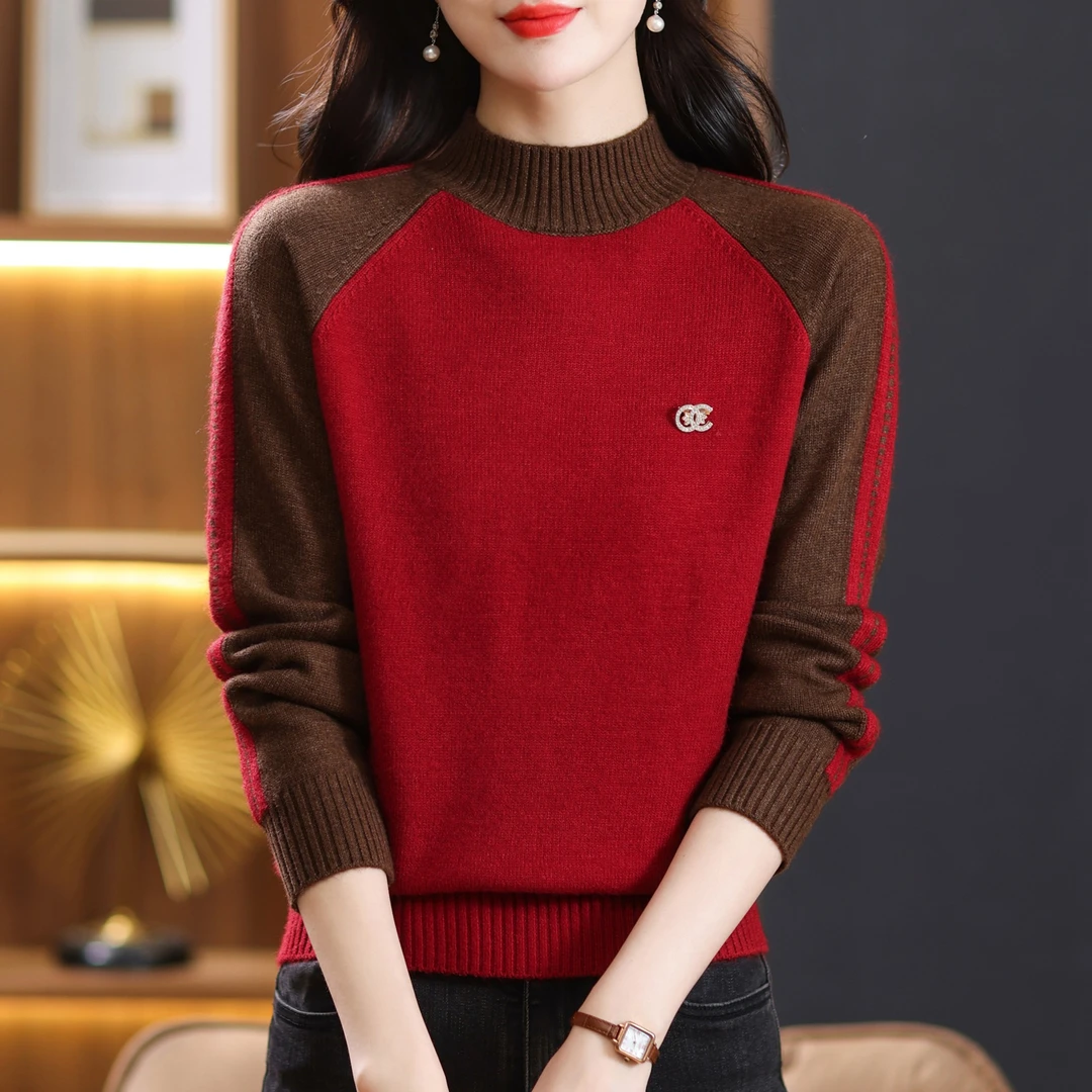【羊毛衫】冬厚半高领套头针织衫女宽松毛衣优雅妈妈洋气百搭打底衫