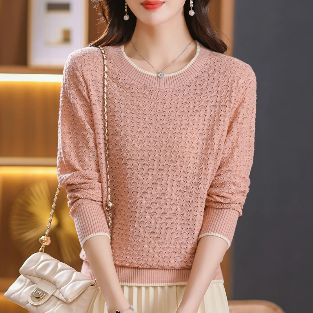 【羊毛衫】秋季新款女装镂空套头针织打底衫圆领宽松百搭长袖上衣薄