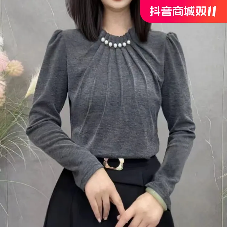秋季上新长袖珍珠领纯色款百搭衬衫2024上衣时尚显瘦衬衣女士T恤