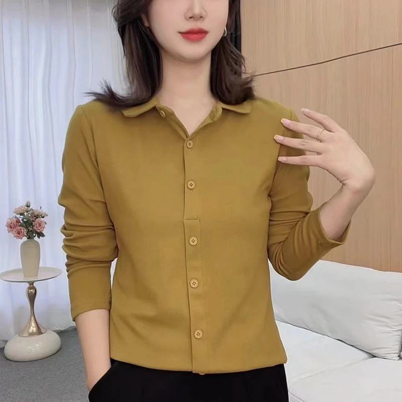 polo领双面澳绒长袖加厚衬衣女24秋冬新款打底衫磨毛加绒保暖上衣