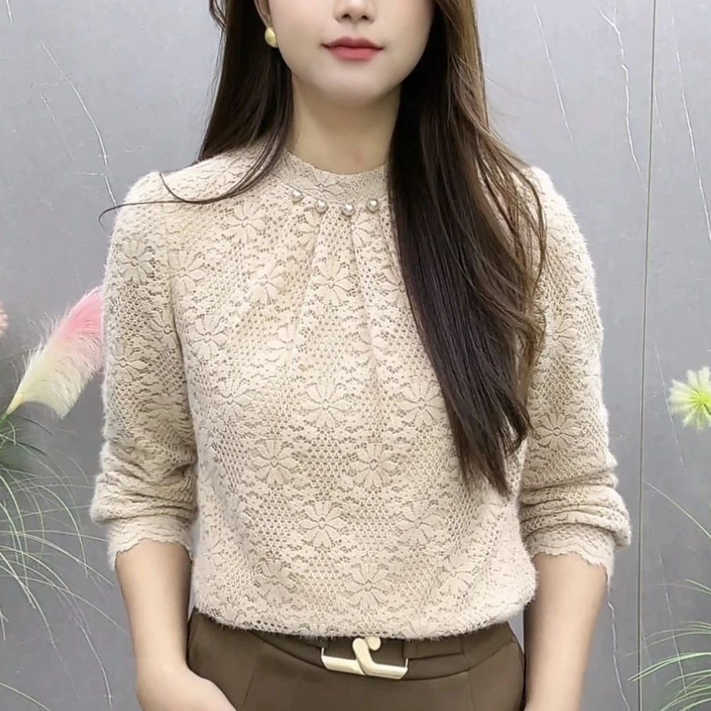 法式磨毛蕾丝长袖衬衫女2025冬季新款加绒百搭时尚气质钉珠上衣
