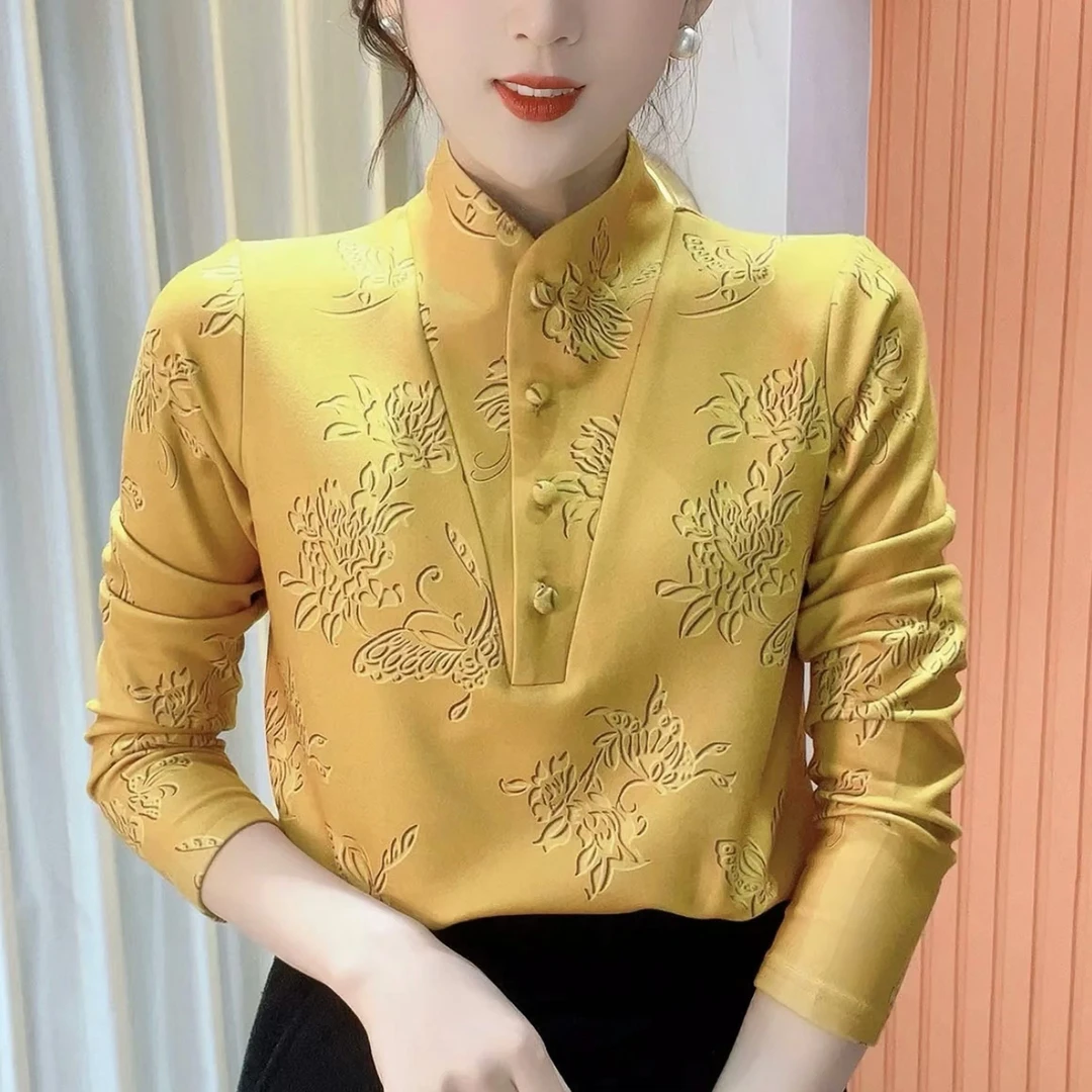 2024冬季新款中领印花气质百搭时尚长袖减龄加绒打底衫上衣女小衫