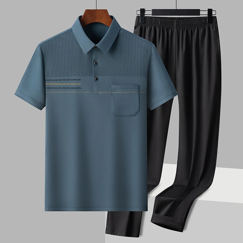 爸爸夏装冰丝套装中年男士短袖t恤运动两件套中老年男装爷爷衣服