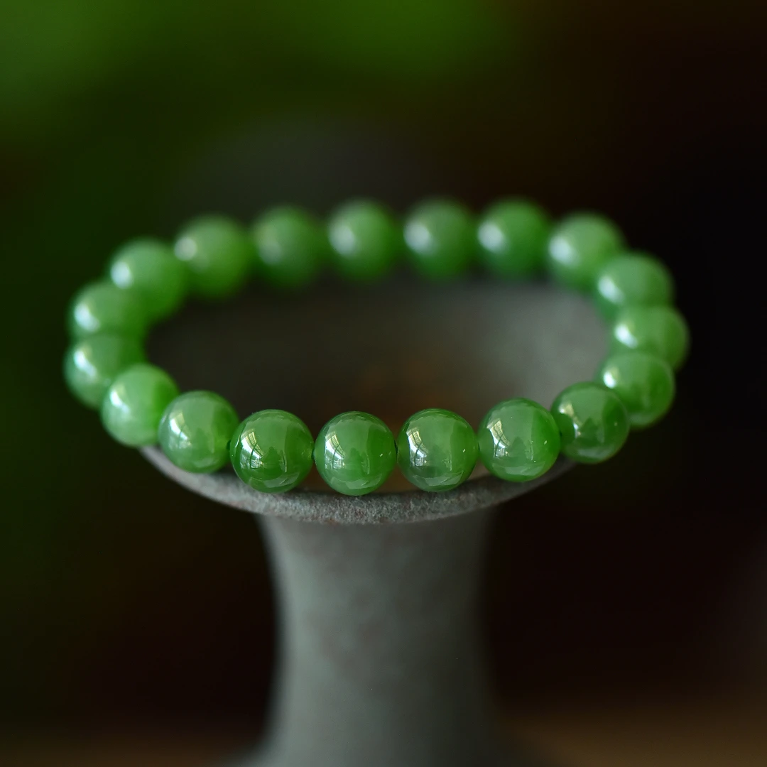 Q076凌云阁天然碧玉圆珠手串约10mm