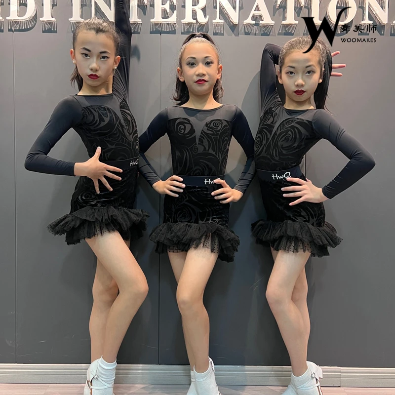 WMSDance拉丁舞服2023秋冬新款黑色女童练功服连体舞蹈演出表演服
