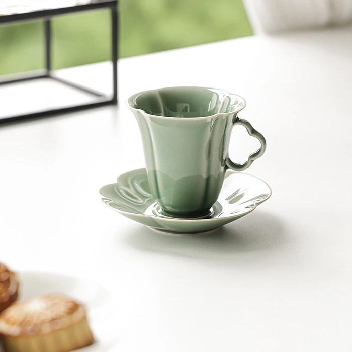 慕兮 越窑青瓷茶杯四叶草咖啡杯马克杯带把带杯托主人杯功夫茶具