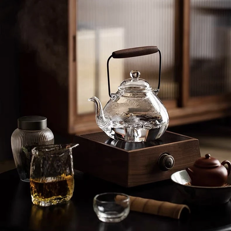 围炉煮茶黑胡桃木把提梁壶高硼硅玻璃创意梨形沸水壶蒸煮