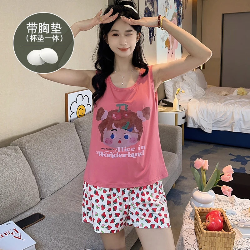 可外穿免穿内衣自带胸垫夏季背心短裤睡衣休闲宽松大码家居服女