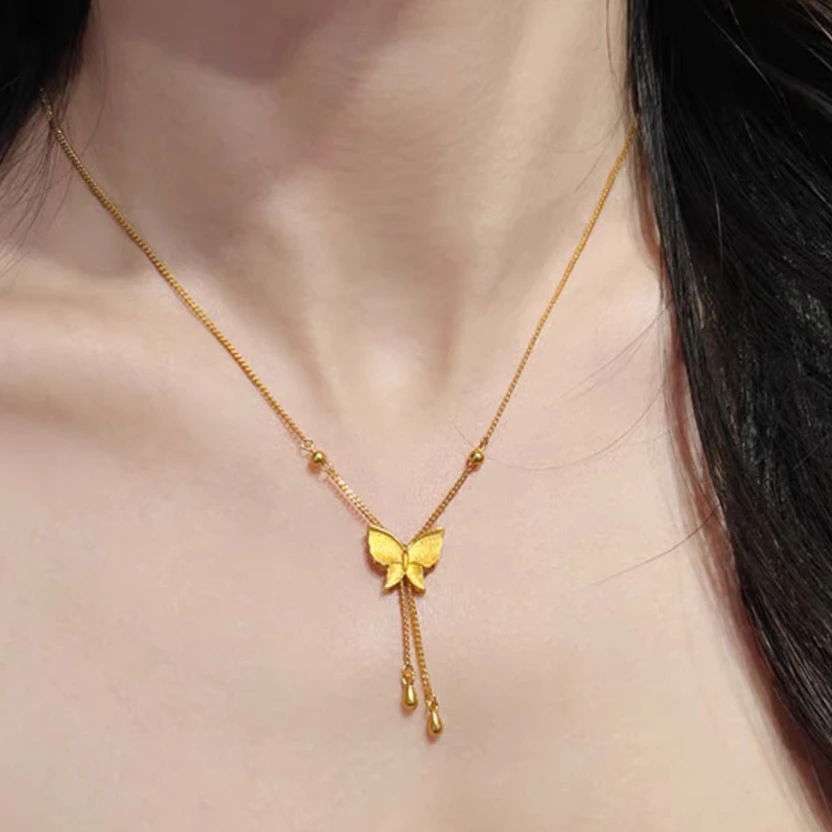 5G工艺足金999时尚百搭双流苏蝴蝶项链