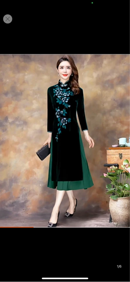 中国风长旗袍常规袖旗袍修身中长款复古气质金丝印花