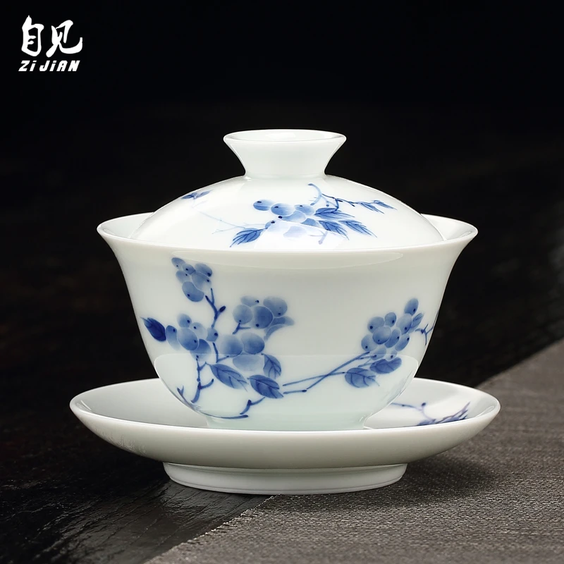 青花盖碗白瓷景德镇手绘功夫茶具单个高端大泡茶普洱喝茶三才茶碗