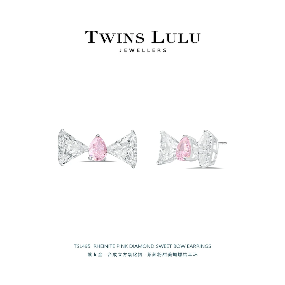 925银合成锆石耳饰 波兰法式轻奢手工粉钻蝴蝶结银针耳环TSL495