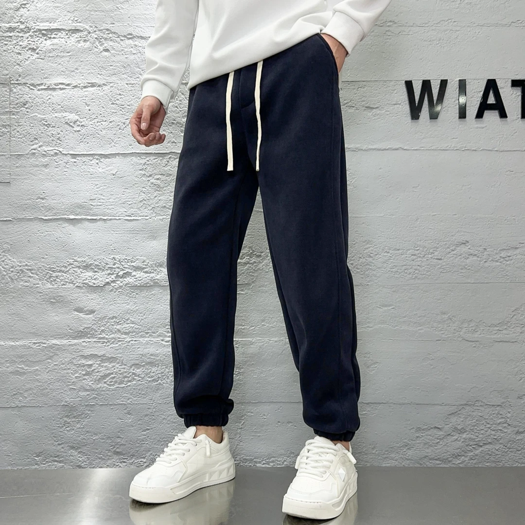 秋冬重磅加绒加厚精品雪尼绒男士直筒拼接百搭束脚休闲长卫裤9396