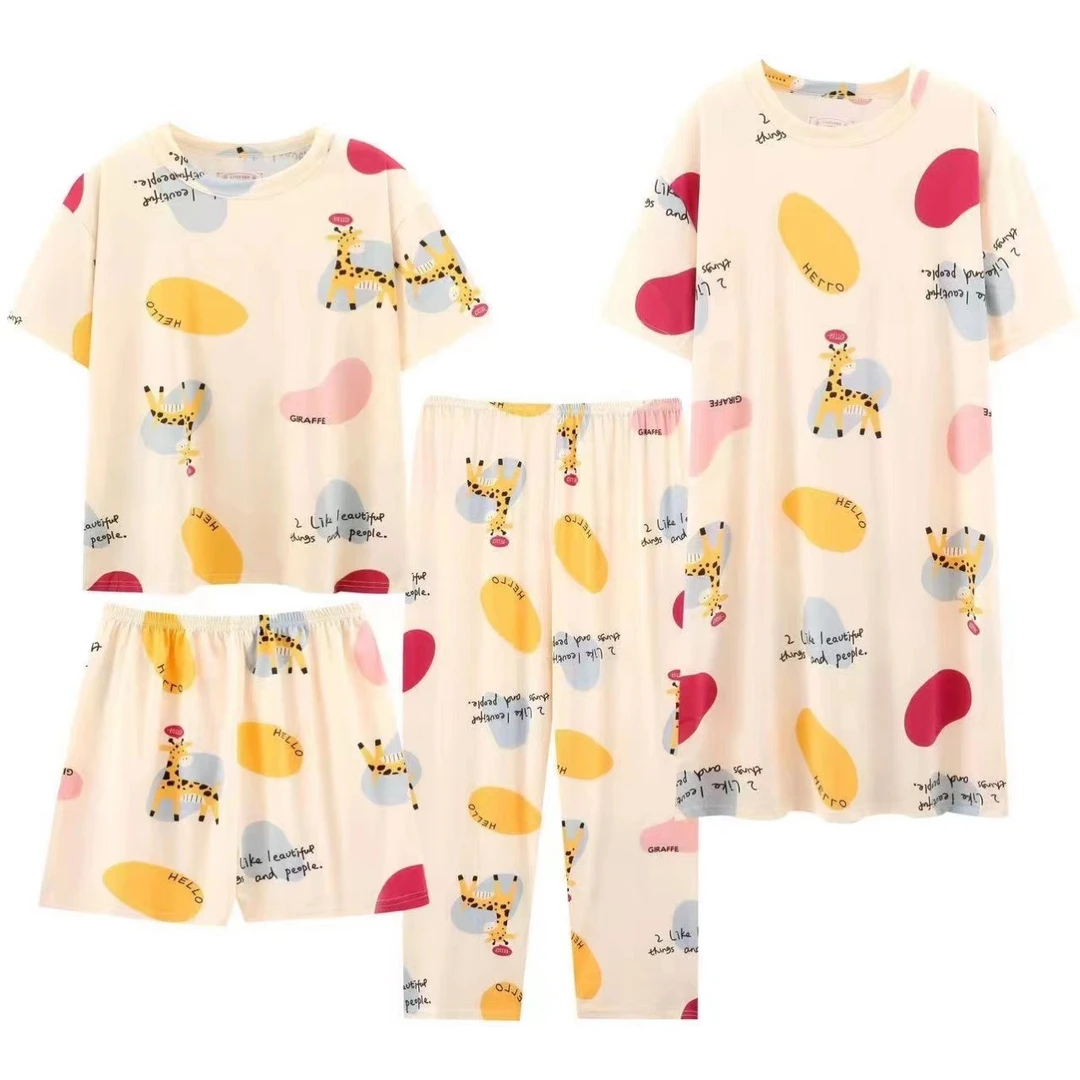 【四件套现货】夏季新款睡衣女薄款睡裙卡通宽松大码休闲家居服套
