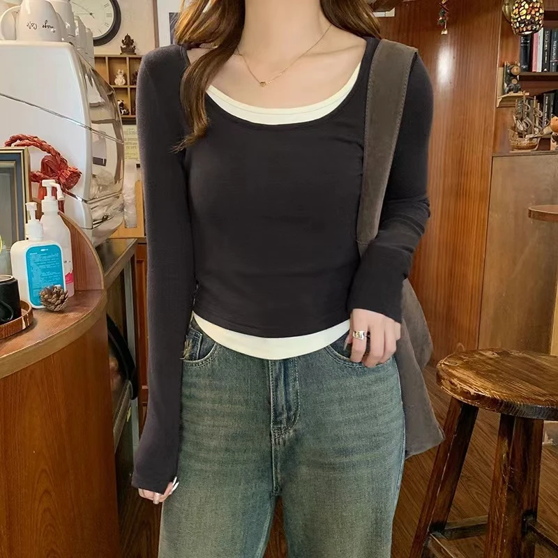 美式新款高级感灰色假两件长袖T恤女春秋撞色内搭修身显瘦上衣女