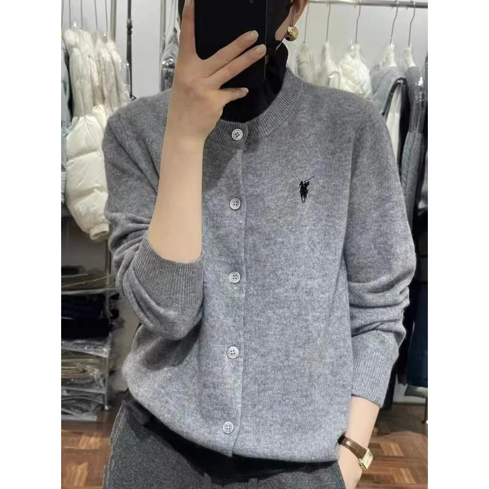 春秋新款针织衫开衫女圆领刺绣毛衣外套宽松气质长袖百搭薄针织衫