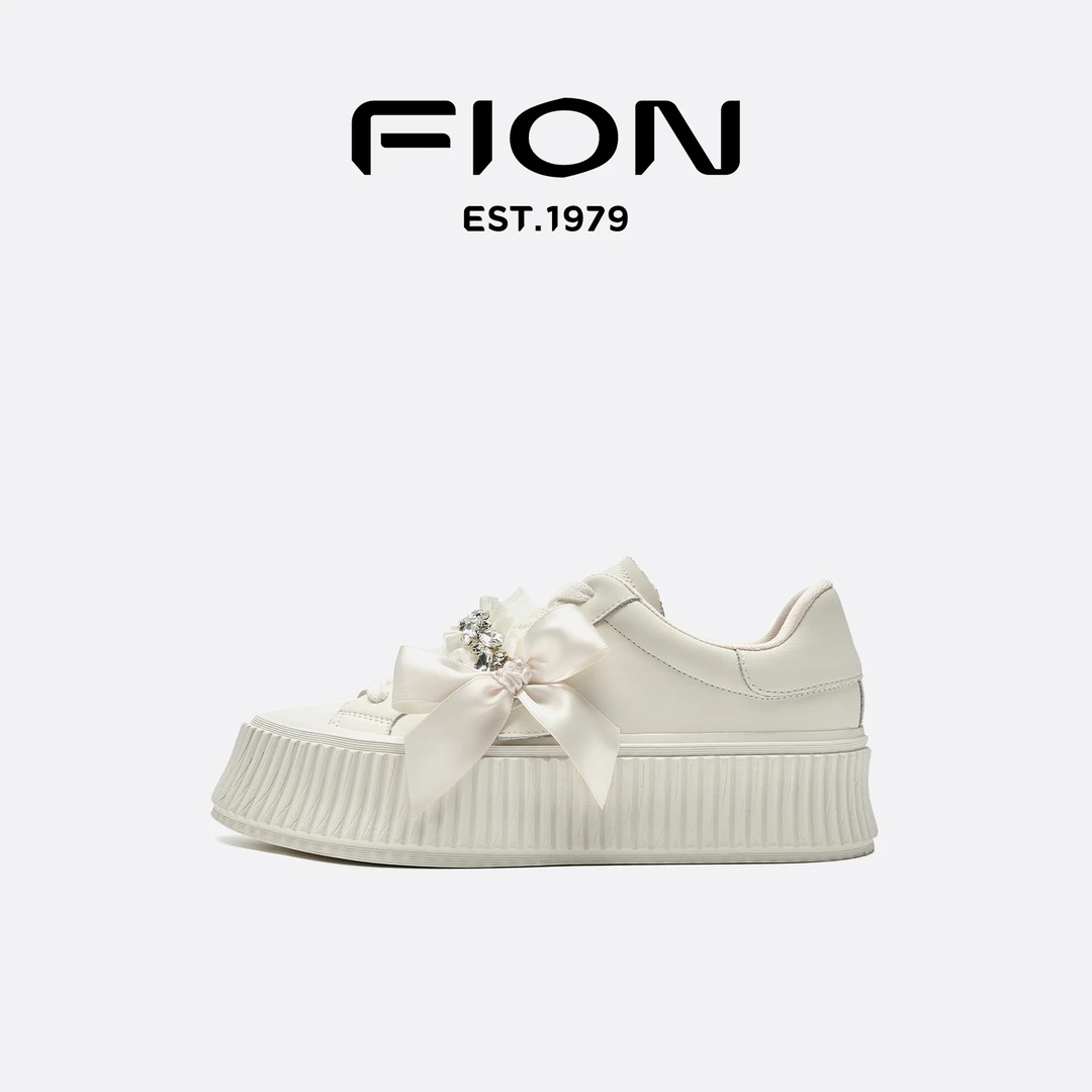 Fion/菲安妮女鞋春季新款轻奢休闲板鞋厚底甜美丝带蝴蝶结小白鞋