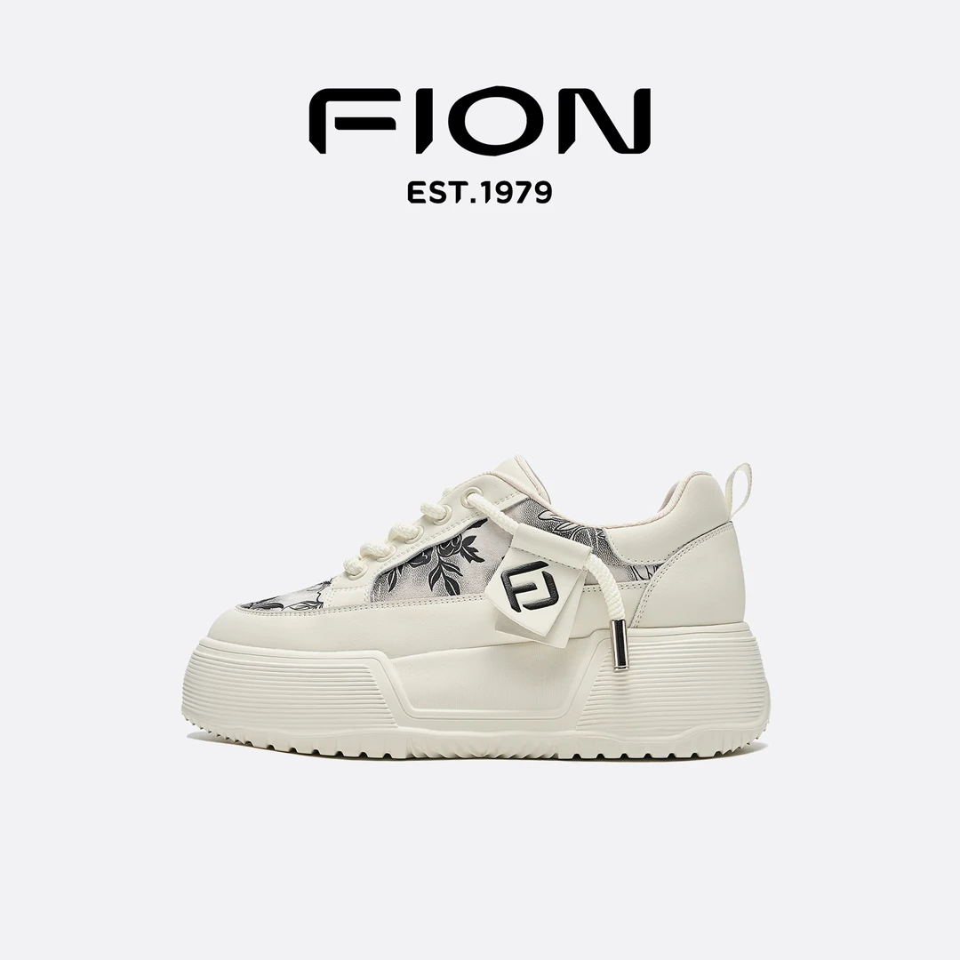 Fion/菲安妮女鞋2025春季新款休闲板鞋厚底透气新中式印花小白鞋