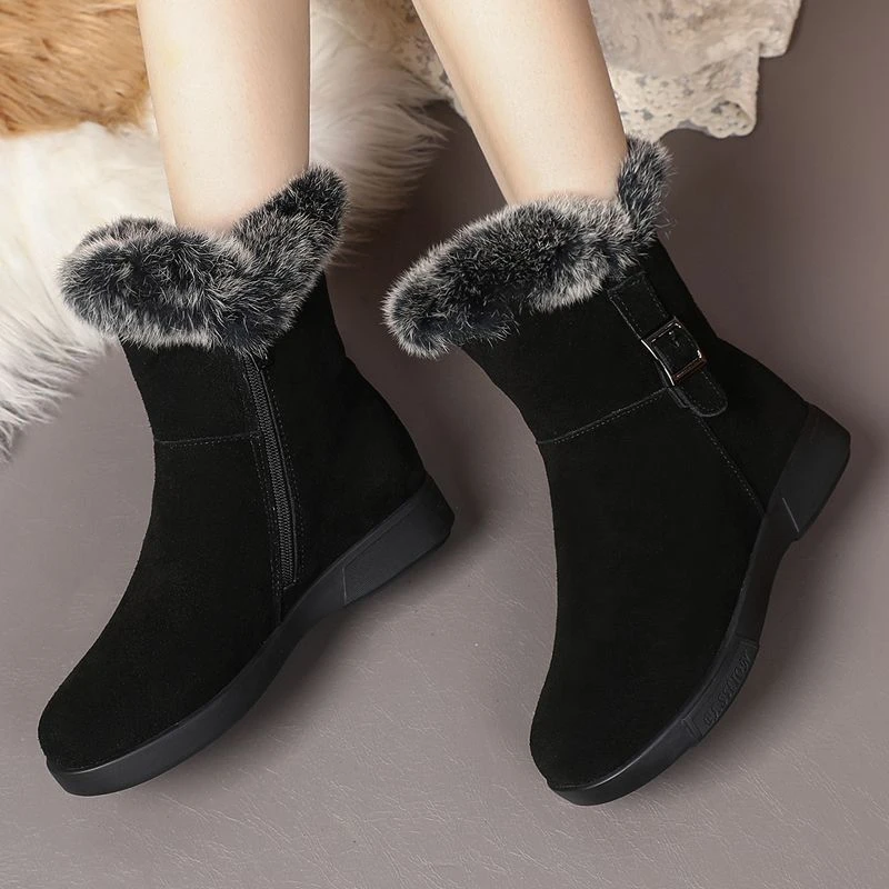 加厚保暖雪地靴女磨砂加绒兔毛2024冬季棉靴子防滑软底东北大棉鞋