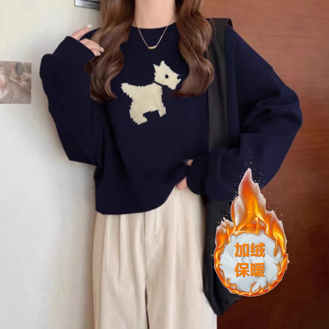 藏青色可爱卡通短款卫衣女秋冬加绒加厚圆领上衣小个子女春秋长袖