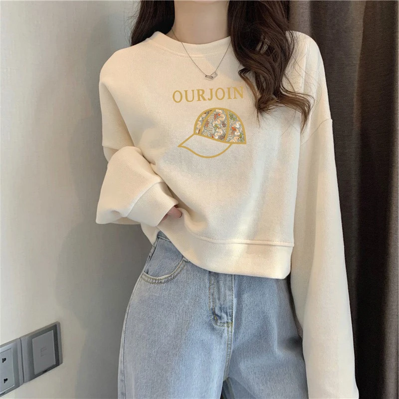 春秋薄款韩版重磅棉休闲短款卫衣女百搭宽松小个子上衣圆领长袖潮