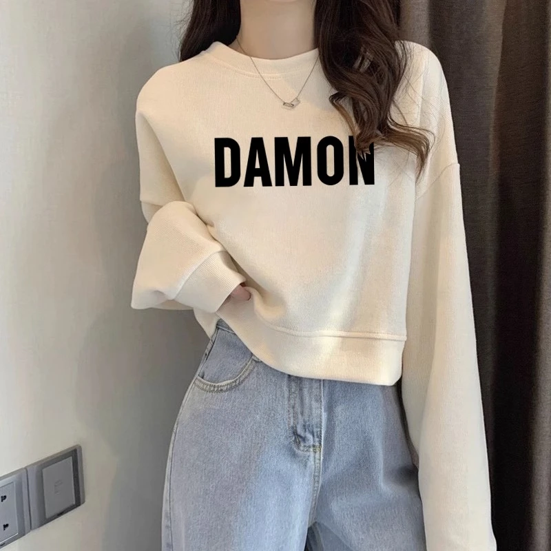 重磅棉休闲短款卫衣女春秋学院风圆领小个子上衣百搭高腰显瘦长袖