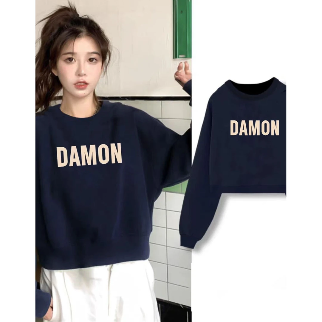 【首单直降】小个子藏青字母短款卫衣女春秋休闲长袖宽松圆领上衣女