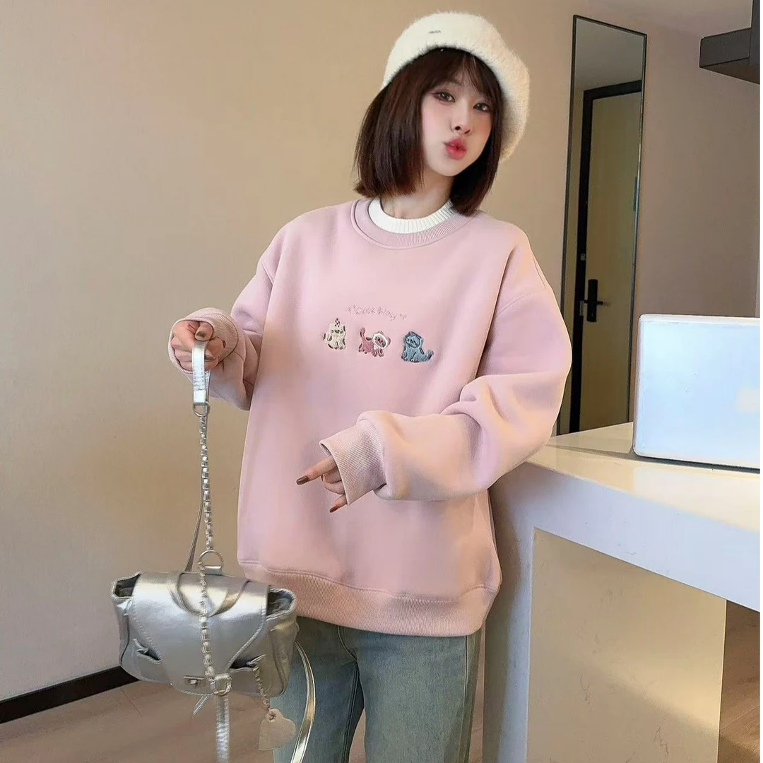 【佳佳专属】小猫刺绣假两件圆领卫衣女秋冬款加绒洋气秋季高街