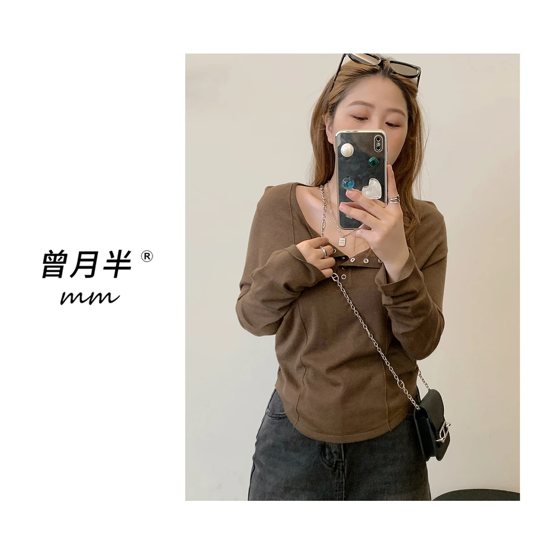 曾月半mm清仓《反线长T》半门襟纽扣羊毛蚕丝T恤！ZS310