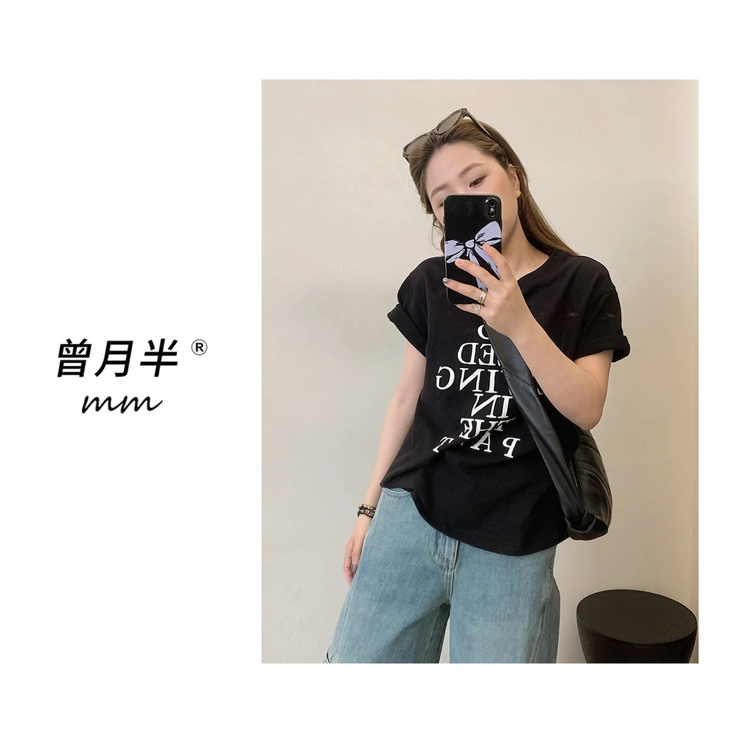 曾月半mm清仓《韩女T》松弛休闲字母印花T恤！ZS551