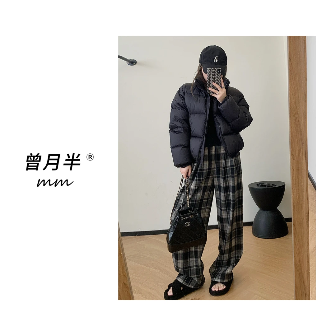曾月半mm清仓《遛弯格子裤》加厚400g磨毛休闲阔腿裤！ZK108