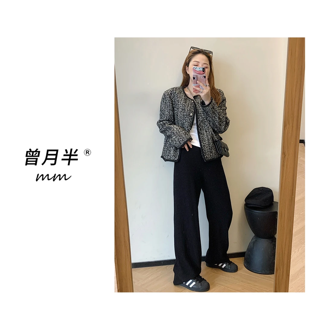 曾月半mm清仓《垂垂牙签裤》随意剪裁黑色显瘦竖坑条阔腿裤！ZK103