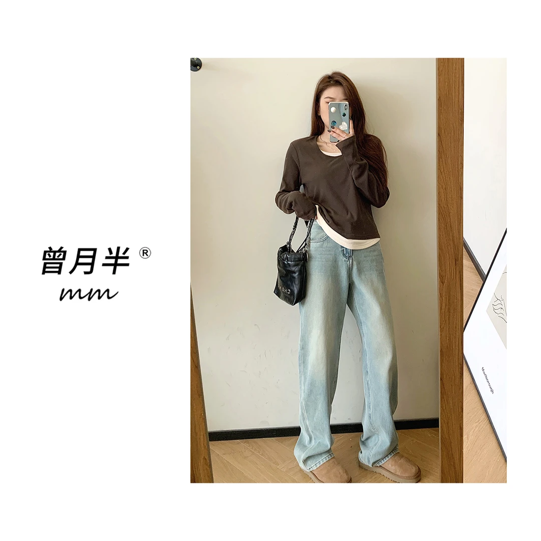 曾月半mm清仓《双色修容打底》满分舒适绒感假两件打底衫！ZS387