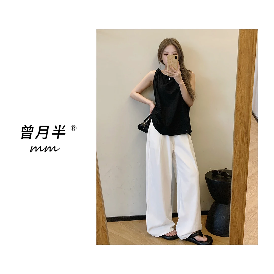 曾月半mm清仓《冷泉白茶》哄抬气质肌理感绑带挂脖小衫！ZS628