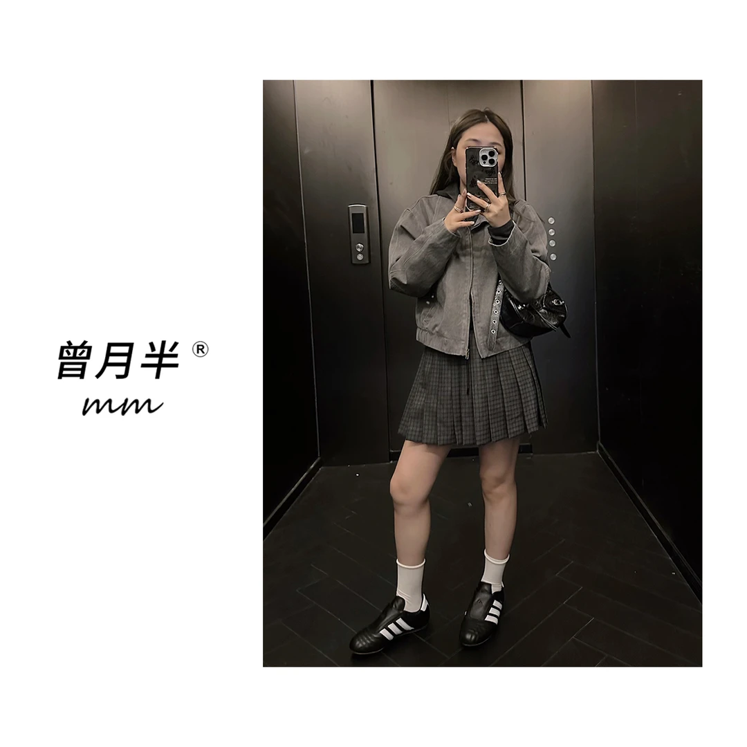 曾月半mm清仓《格雷灰学院》松紧格纹防走光A字百褶半裙！ZQ127