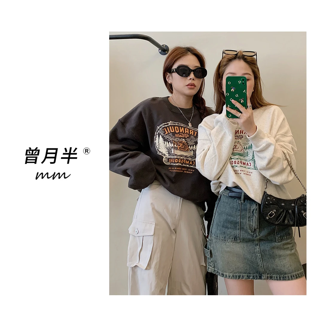 曾月半mm清仓《小熊卫衣》美式校园复古印花圆领套头卫衣！ZS302