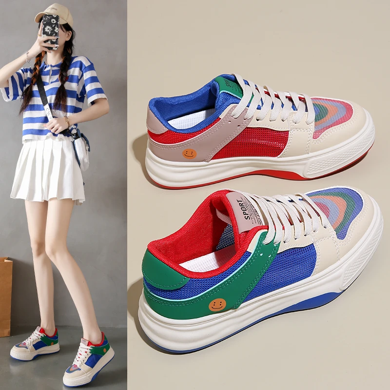 网面彩虹鸳鸯鞋AB款休闲板鞋一色一只平底休闲鞋女款女鞋网红款