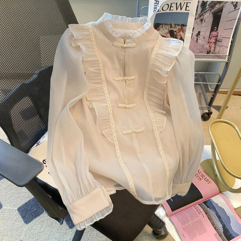 2024春季新款中式荷叶边盘扣雪纺衫女薄款轻奢遮肉重工国风上衣