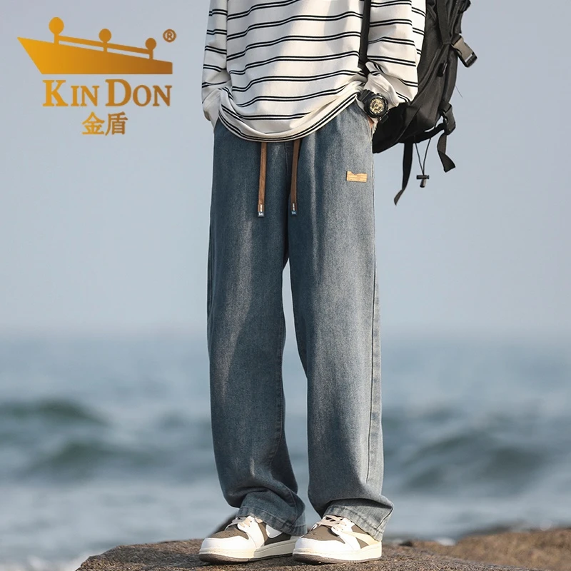 KINDON金盾春秋新款潮流高街直筒阔腿牛仔裤男复古百搭潮流牛仔裤