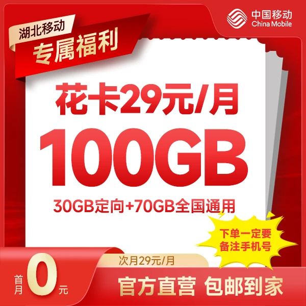 【1分钱仅预约咨询】【花卡】29元/月 （限湖北，无法选号，归属地自选）