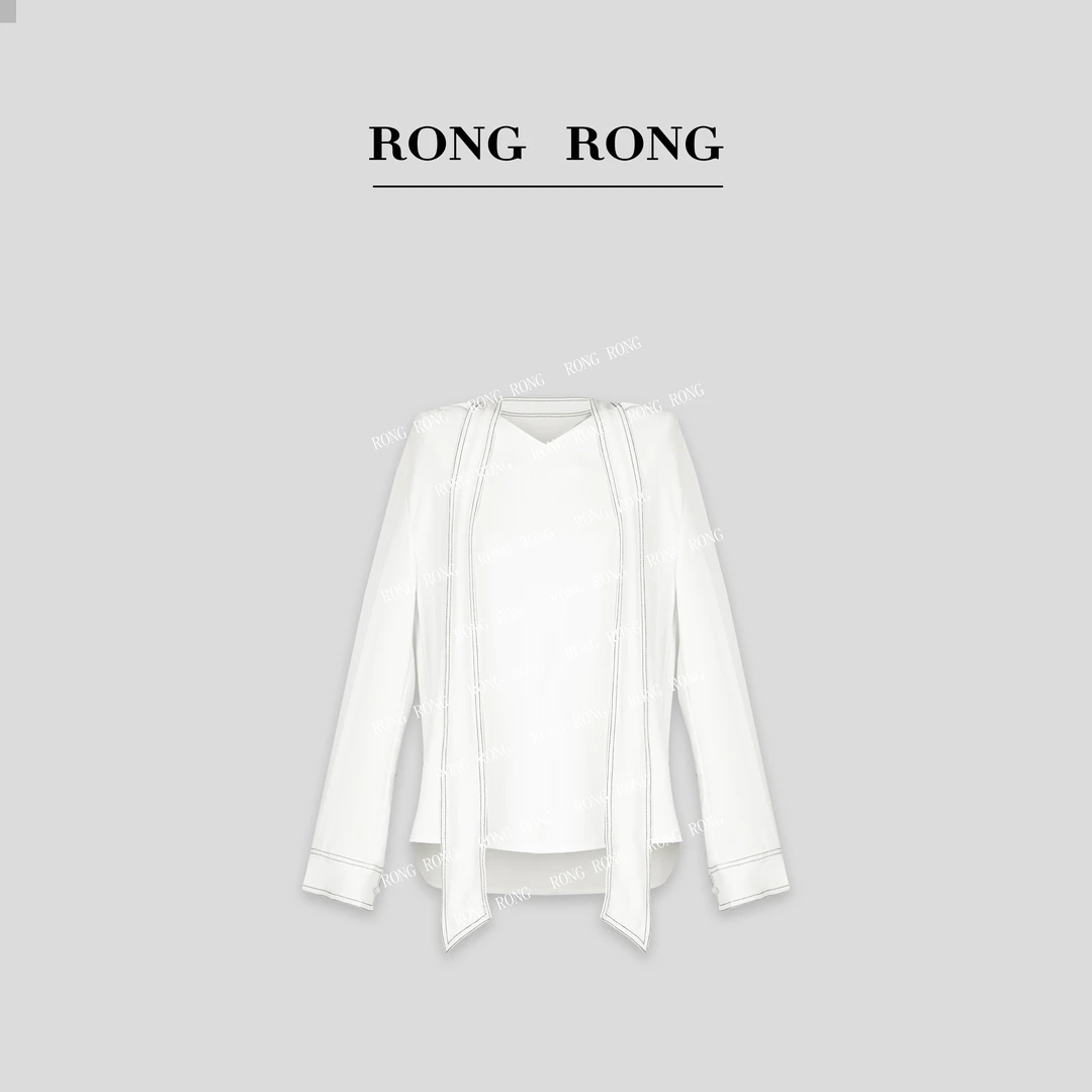 溶溶T【优雅独白】RONGRONG 法式复古舒适撞色线抽褶衬衫B-A8964550