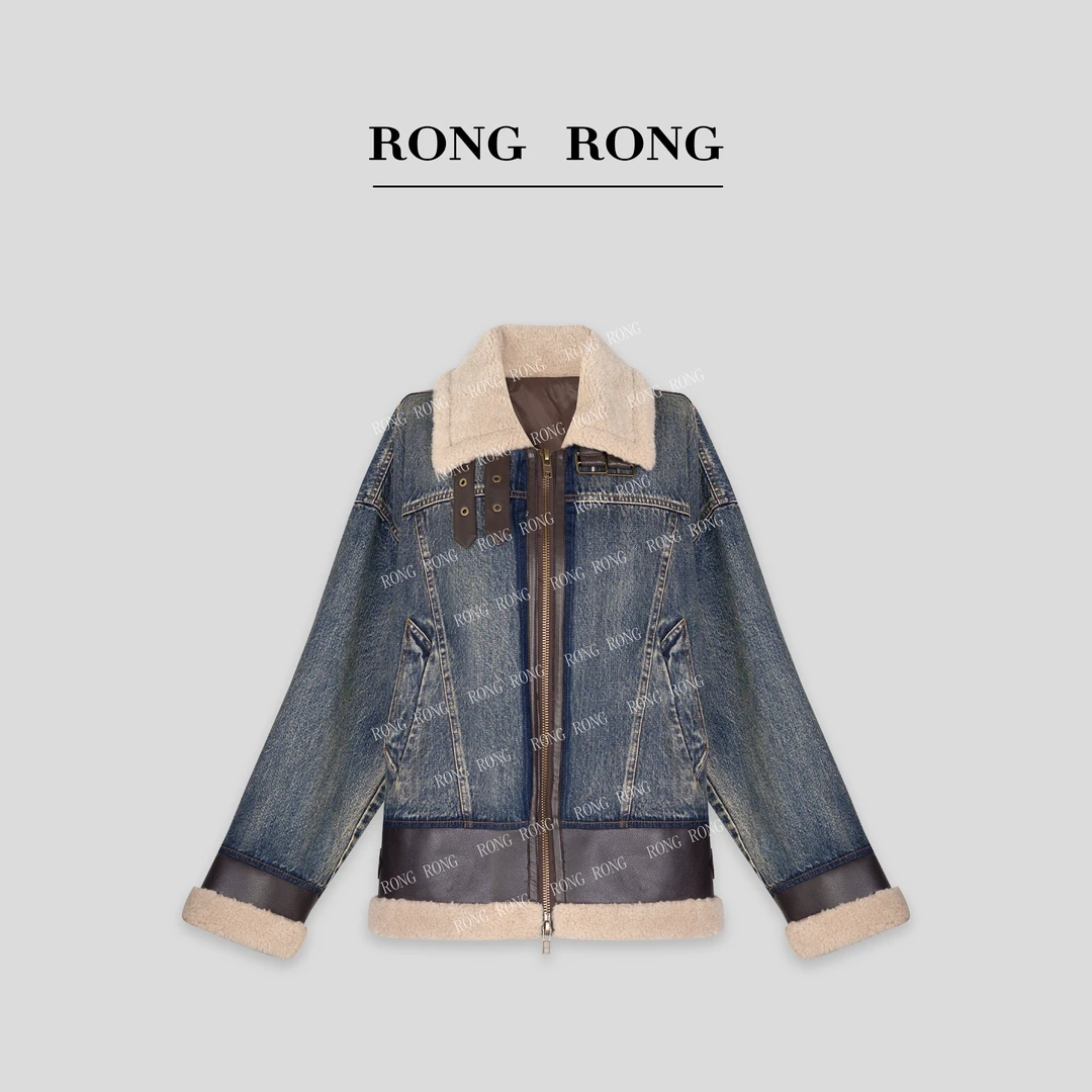 溶溶【机车少女】RONGRONG90白鹅绒皮毛一体拼接牛仔羽绒服F23D319W