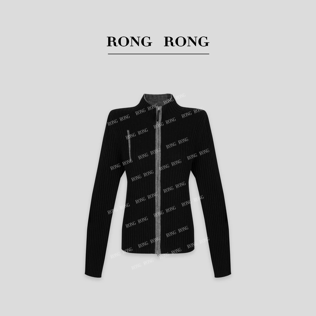 溶溶【灰墨主调】RONGRONG 绵羊毛撞色修身显瘦开衫毛衣 RR20243460