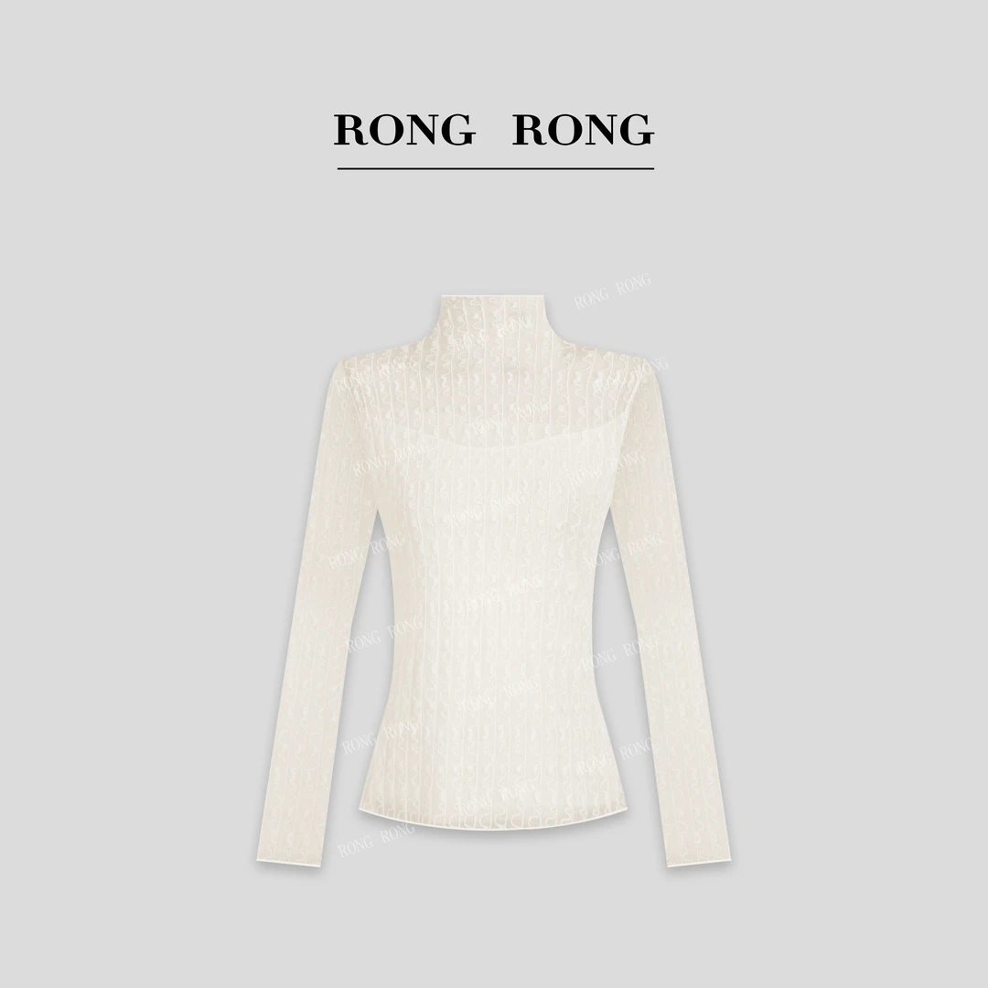 溶溶【柔光星海】RONGRONG 半高领亮丝网纱木耳边上衣C-L206611-1