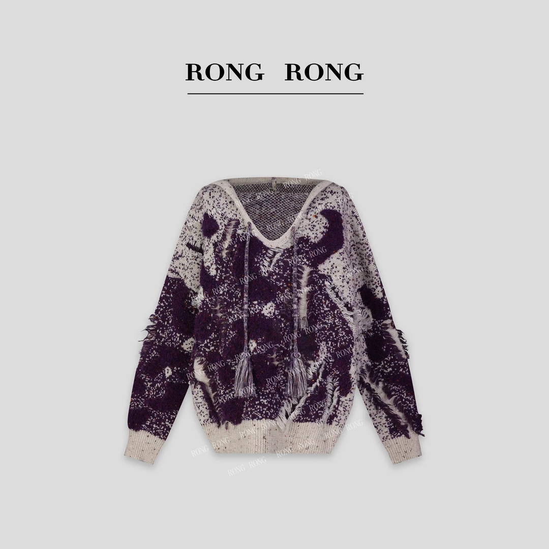 溶溶【水墨雾紫】RONGRONG 复古提花撞色氛围感连帽流苏毛衣QF5183