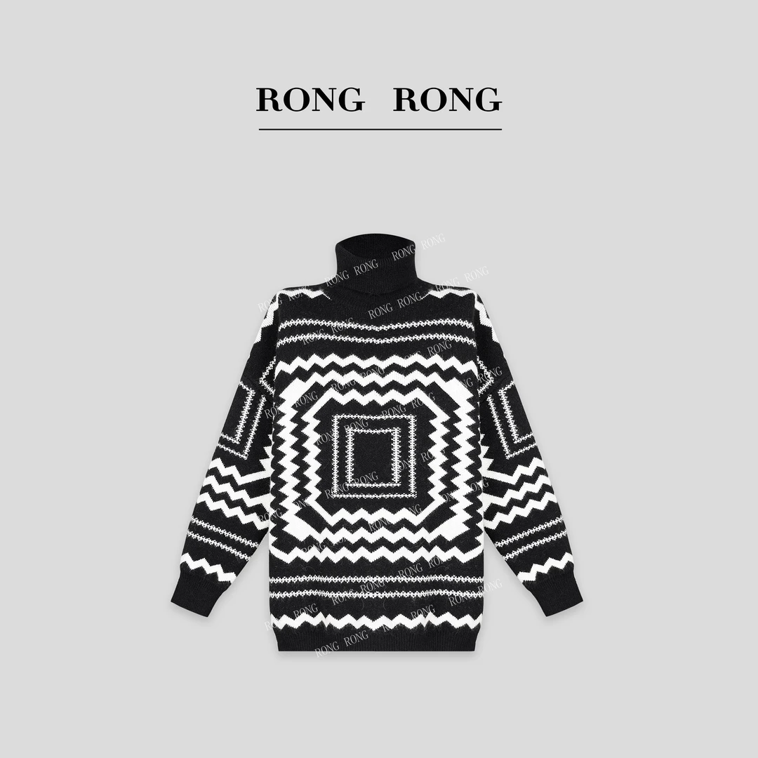 溶溶【几何画廊】RONGRONG 绵羊毛高领黑白撞色几何提花毛衣RR001-2